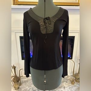Black Shirt with Real Black Leather Trim Collar and Leather String Bow - Size M